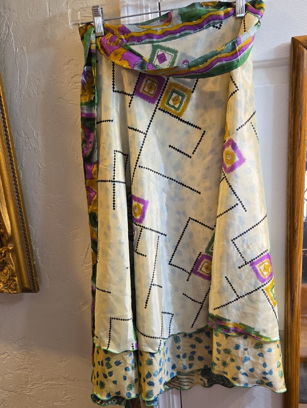 Wevez Cream Maxi Wrap Skirt/Dress with Purple and Green Geometric Accents